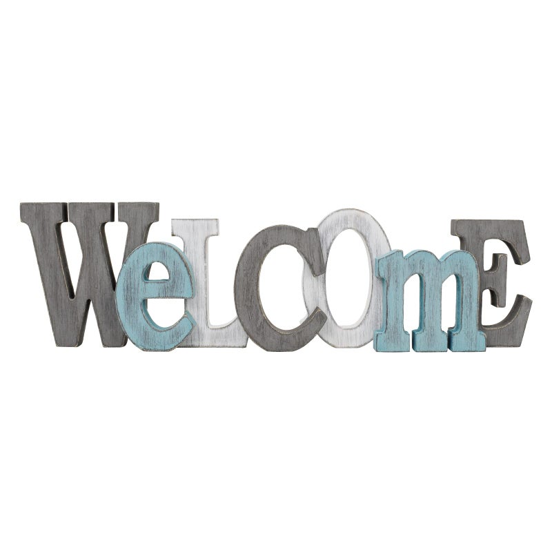 K KILIPES Wood Welcome Sign Table Top Decor Freestanding Cutout Wooden Block Letter for Shelf Mantel Rustic Teal Wall Hanging Letter Home Decor 