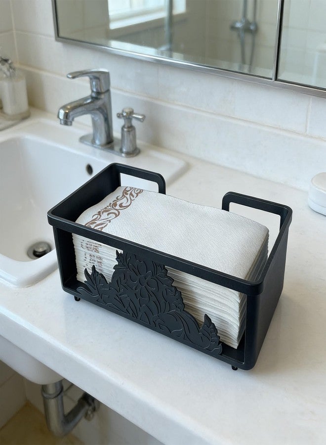 WOCHOLL Metal Napkin Holder for Bathroom and Kitchen - Black Floral Design Disposable Hand Towel Holder Tray, Guest Towel Organizer for Countertop, Paper Napkin and Towel Dispenser(Black) - Image 2
