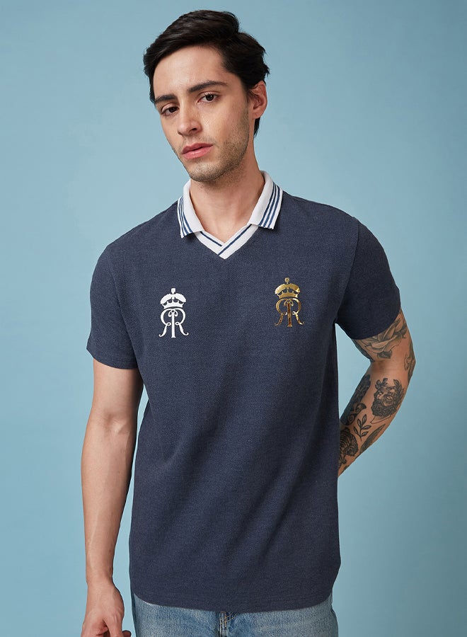 FanCode Men Navy Blue Popcorn Textured Premium Cotton Polo Neck T-Shirt  - Image 1