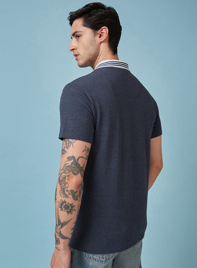 FanCode Men Navy Blue Popcorn Textured Premium Cotton Polo Neck T-Shirt  - Image 2