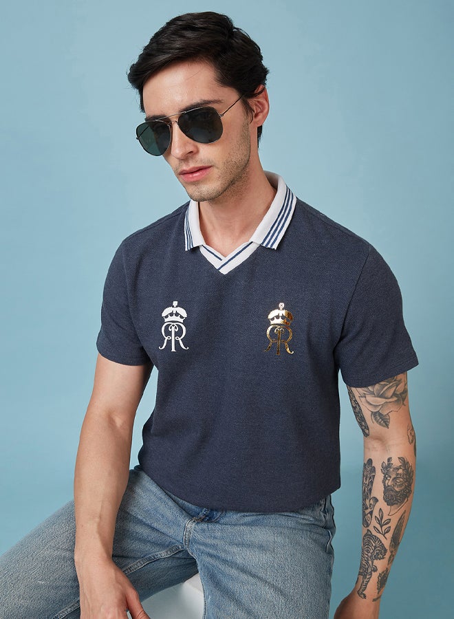 FanCode Men Navy Blue Popcorn Textured Premium Cotton Polo Neck T-Shirt  - Image 5