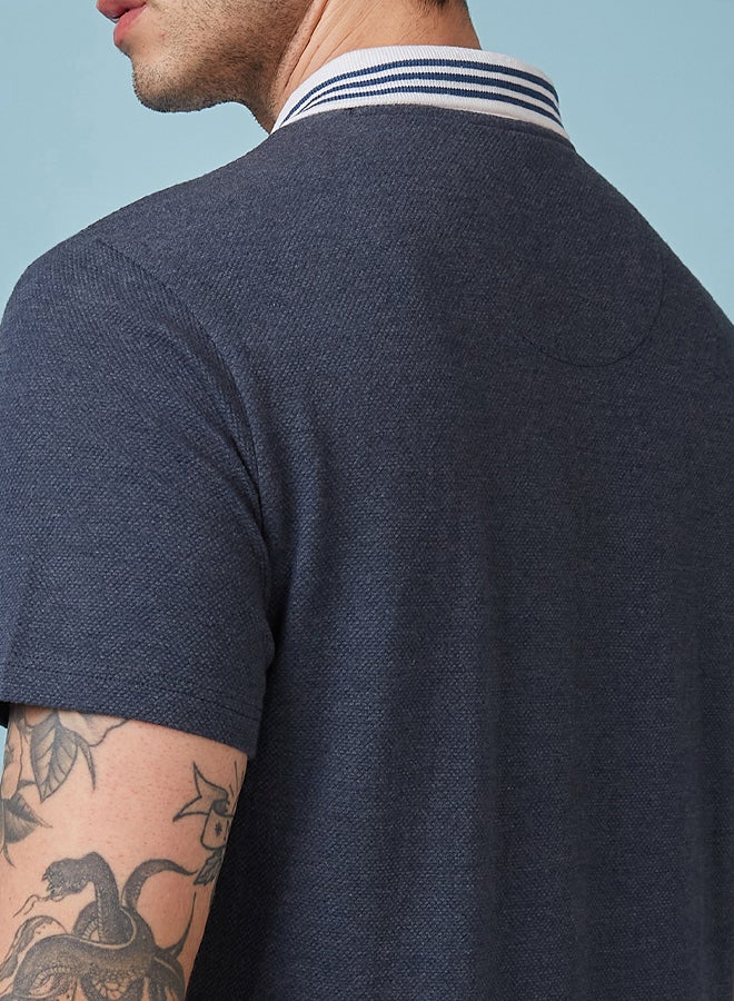 FanCode Men Navy Blue Popcorn Textured Premium Cotton Polo Neck T-Shirt  - Image 4