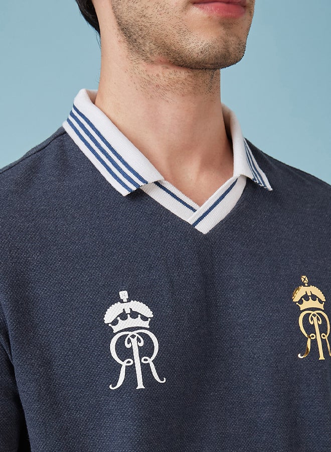 FanCode Men Navy Blue Popcorn Textured Premium Cotton Polo Neck T-Shirt  - Image 3