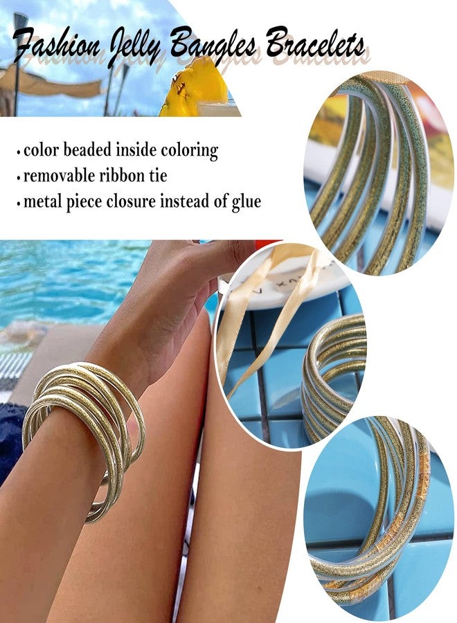 MJartoria Glitter Jelly Bangles Bracelets Set Glitter Filled Jelly Silicone Bracelets for Women (Champagne Gold) - Image 3