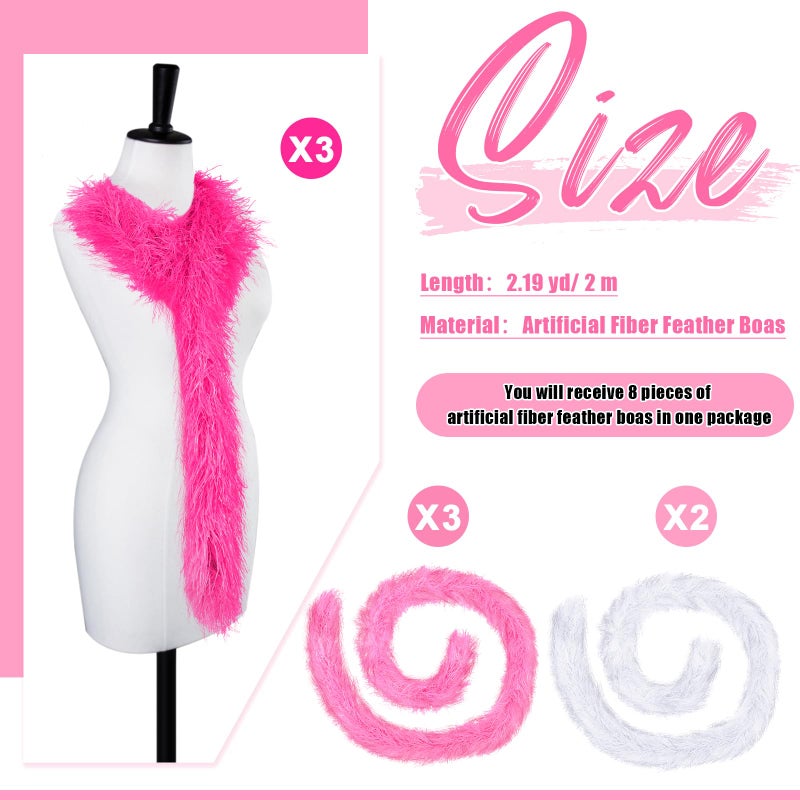 Jexine 8 Pcs Feather Boas Bulk Artificial Fluffy Boas Decor for Wedding Costume Dress Tea Party Supplies (5 ft,Pink,Rose,White) - Image 2