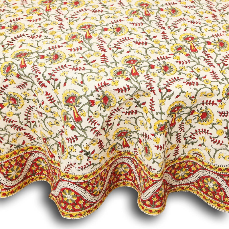 India Arts Hand Block Print Tablecloth Round 72 inch 100 Cotton Red Yellow Floral Table Cloth for Kitchen Dining Linen Weddings Holiday Party Restaurant SpringSummerFall Home Decor