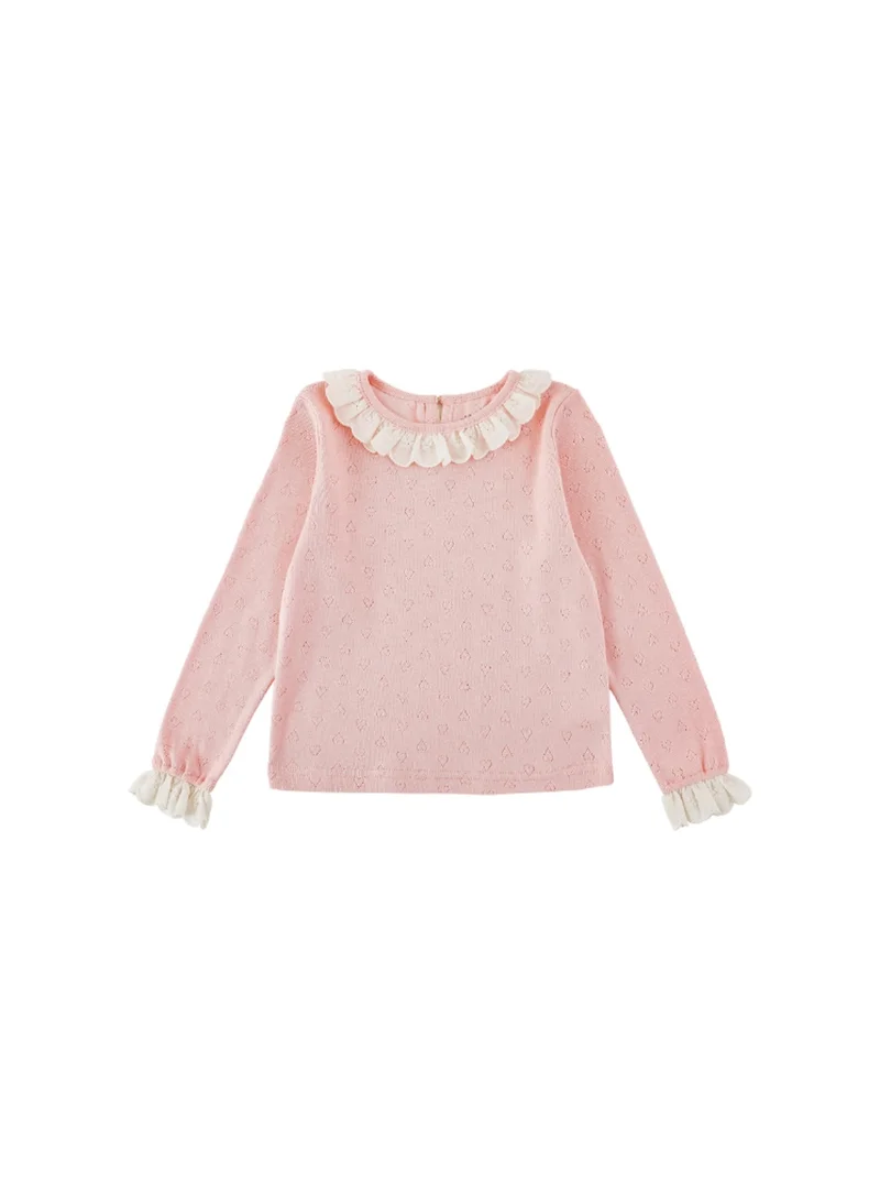 Yoehyaul Girls Pointelle Cotton top with heart design and ruffle lace collar