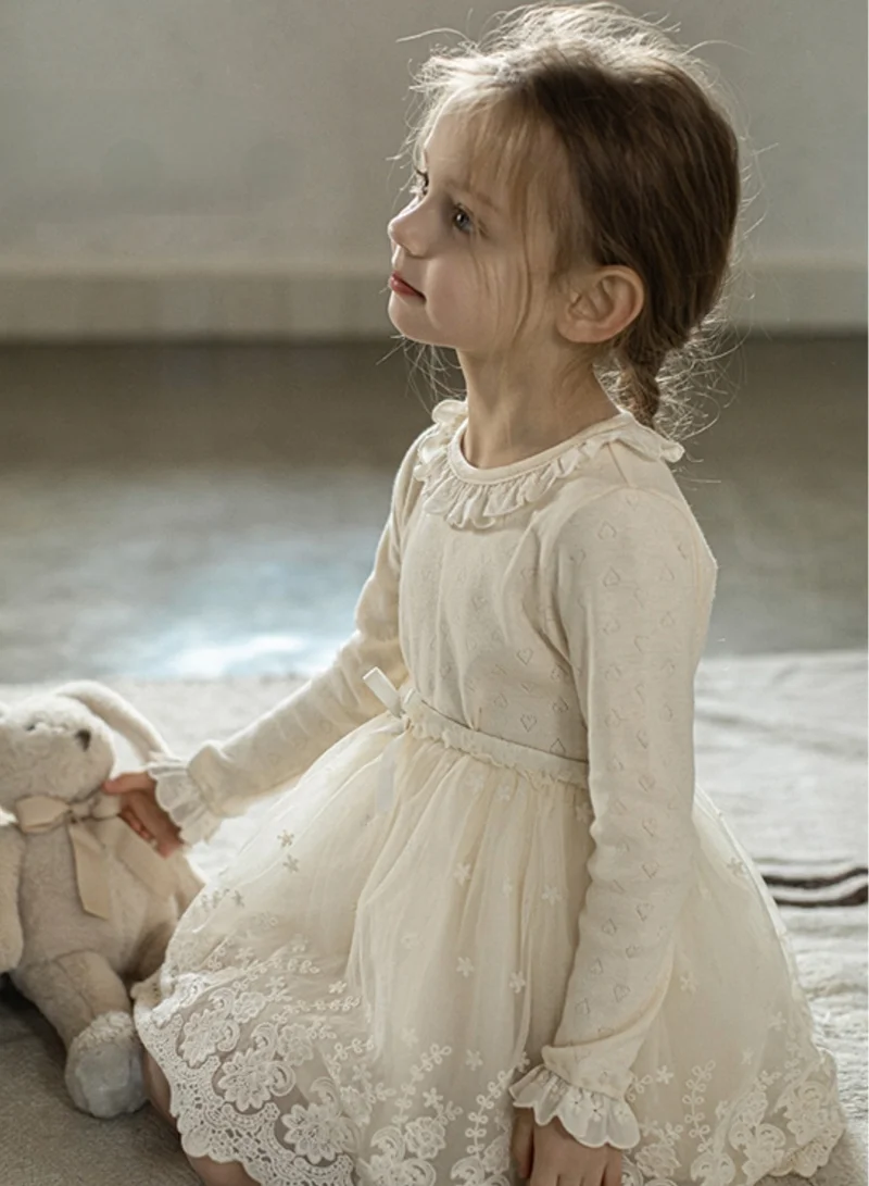 Yoehyaul Girls Pointelle Cotton top with heart design and ruffle lace collar