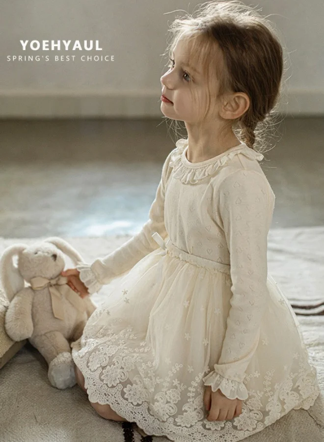 Yoehyaul Girls Pointelle Cotton top with heart design and ruffle lace collar