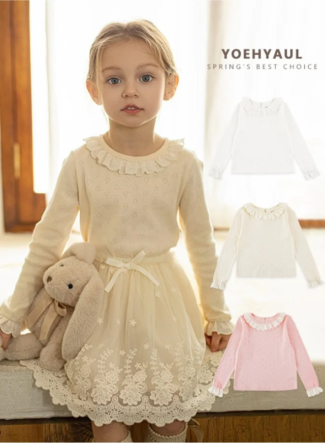 Yoehyaul Girls Pointelle Cotton top with heart design and ruffle lace collar