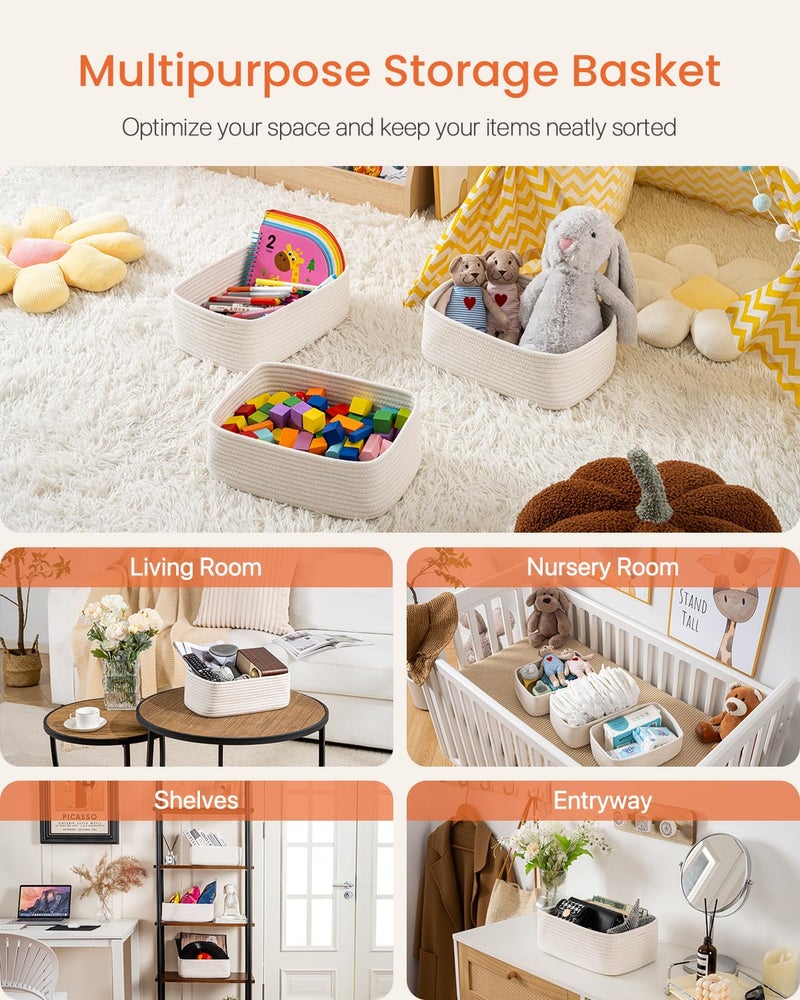 KALLAX Small Woven Basket, 12 x 8 x 4.5 Inches, Storage Basket for Organizing, Cute Small Rope Shelf Closet Cube Storage Bins Baskets for Shelves, Dog Toy Gift Baskets Empty, 3 Packs, Off White - Image 3