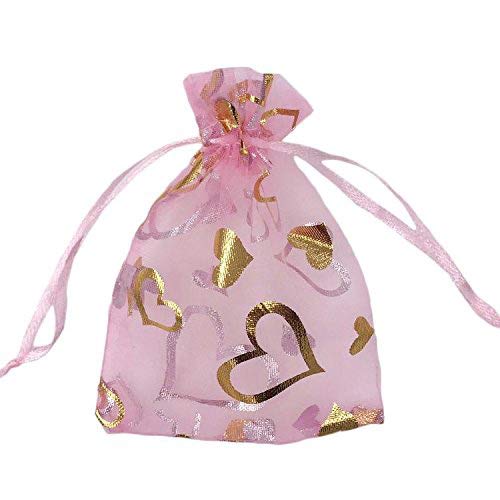 SumDirect 100Pcs 35x47 inch Sheer Pink Drawstring Heart Organza Favor Gift Bags Wedding Party Christmas Jewelry Pouches