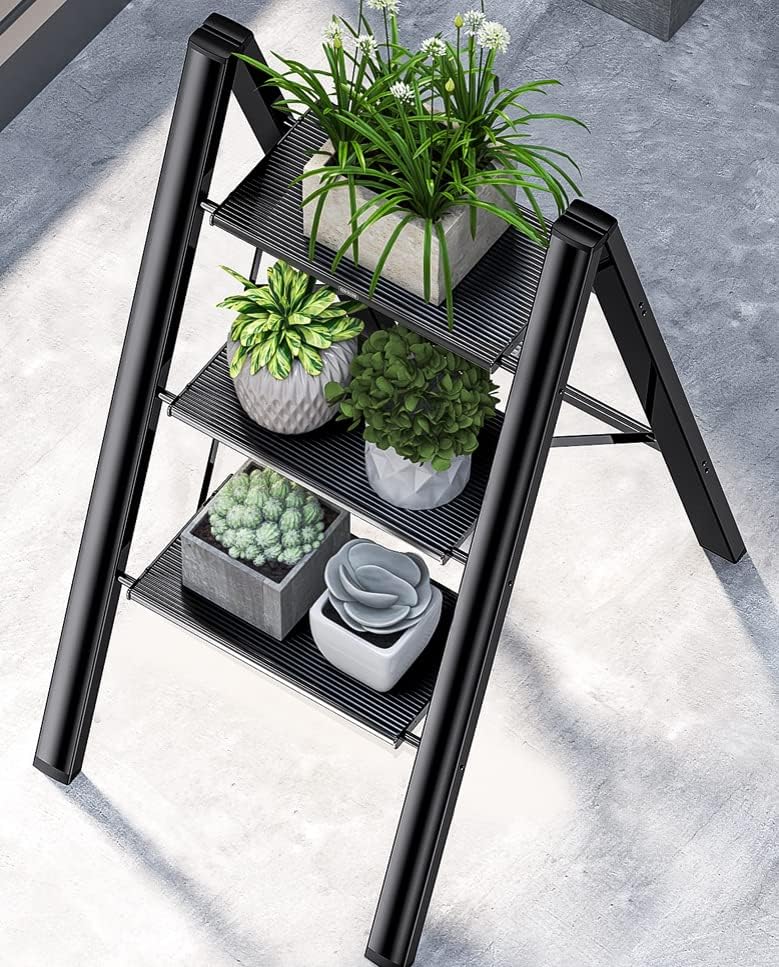 Waqif waqif Folding Ladder, Aluminium Folding Ladder Step Stools Non-Slip Pedal Decorative Small Portable Ladder Kitchen Lightweight Home Office Ladders, Black  - Image 1