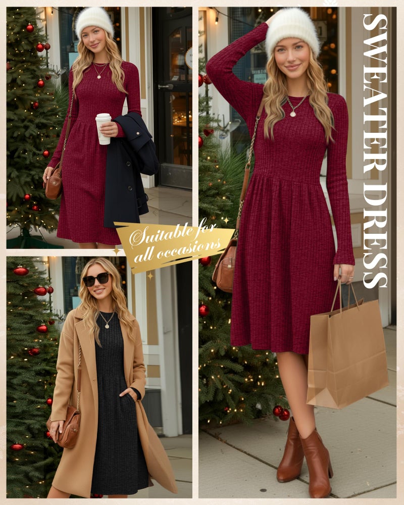 Riyiper 2 Pack Women's Long Sleeve Sweater Dress Ribbed Pleated Casual Round Neck Knee Length Dress with Pocket(Black, Wine Red,Large) - Image 4