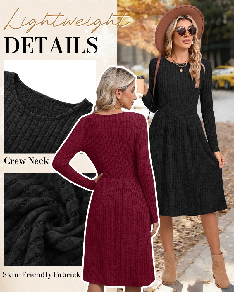 Riyiper 2 Pack Women's Long Sleeve Sweater Dress Ribbed Pleated Casual Round Neck Knee Length Dress with Pocket(Black, Wine Red,Large) - Image 5