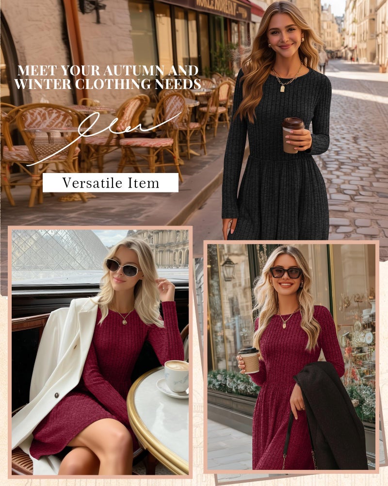 Riyiper 2 Pack Women's Long Sleeve Sweater Dress Ribbed Pleated Casual Round Neck Knee Length Dress with Pocket(Black, Wine Red,Large) - Image 2