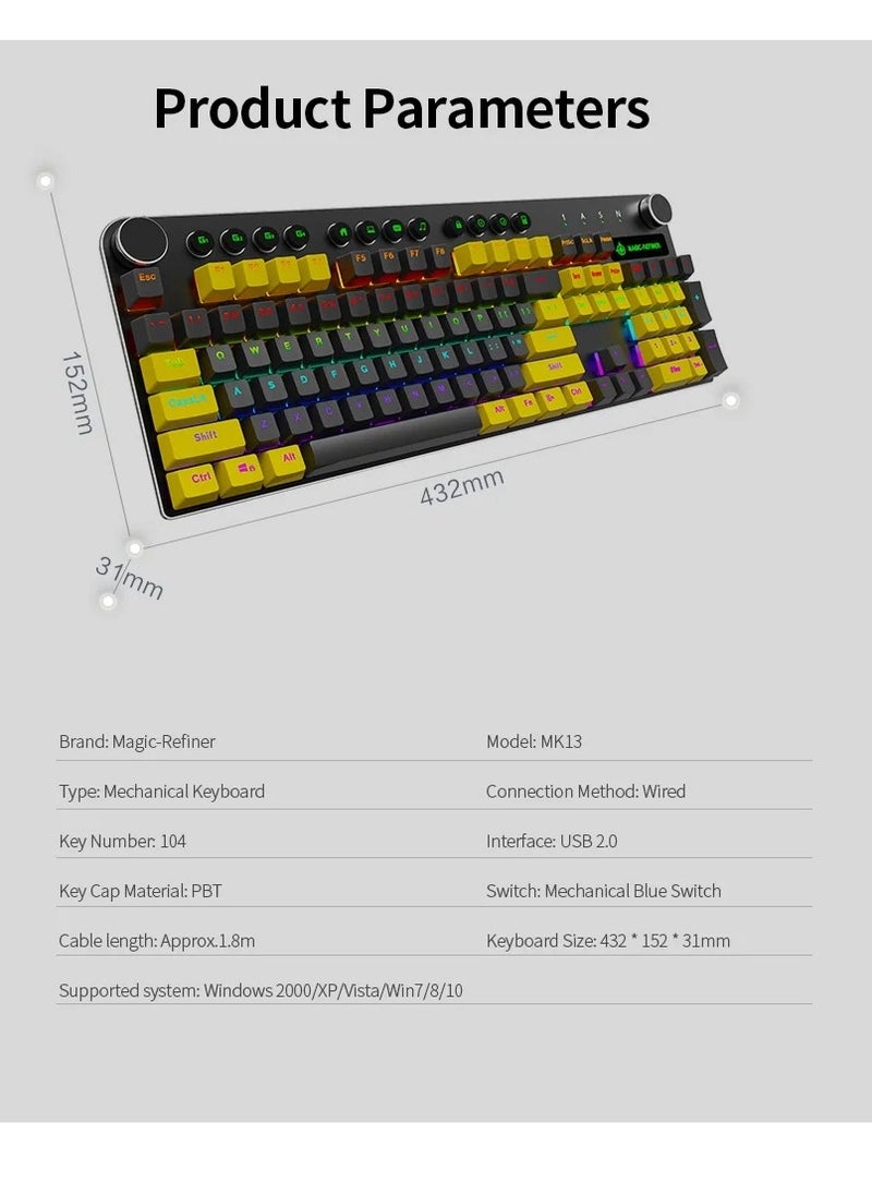 Magic-Refiner - MK13 Gaming Mechanical Keyboard - Red Switch - Multimadia keys - Volume Wheel - Aluminium alloy panel - Image 1