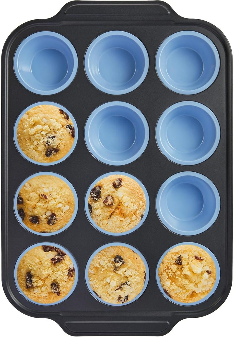 BRONYPRO Silicone Muffin Pans for Baking with Metal Frame, Egg Bite Molds, Cupcake Pans 12 Regular Size, Muffin Tins Easy to Pop Nonstick Non Toxic Bakeware for Oven,Blue - Image 1