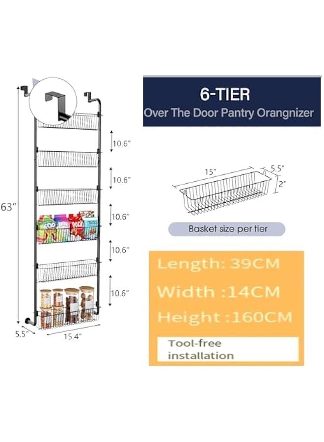 TRASSLE Over The Door Pantry Organizer, 6-Tier Pantry Organization and Storage, Metal Hanging Spice Rack for Pantry Door, Kitchen, Laundry, Bathroom Organization, Back of Door Seasoning Rack - Image 2