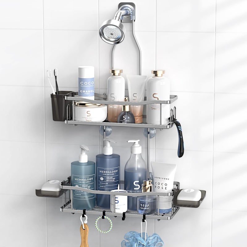 Aitatty Hanging Shower Caddy Bathroom Organizer Rustproof Shower Shelf Racks Over Shower Head  No Drilling Inside Bath Shower Rack Shelves Over Showerhead for Shampoo with Soap Holder Silver
