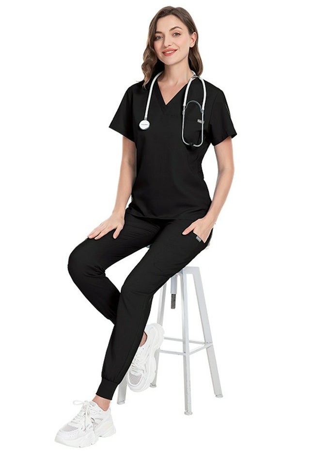 Loquat Unisex Medical Uniform Scrubs 2 Piece Set V-Neck Top and Elastic Waist Jogger Pants Suit Black  - Image 1