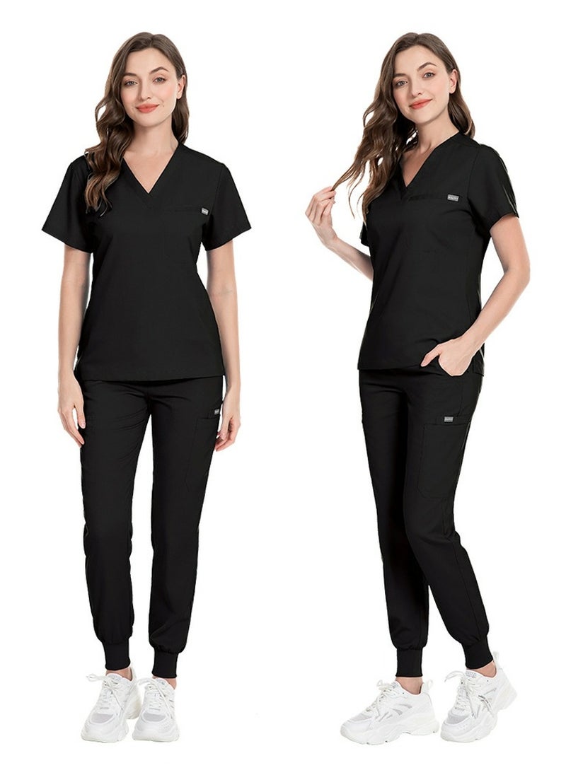 Loquat Unisex Medical Uniform Scrubs 2 Piece Set V-Neck Top and Elastic Waist Jogger Pants Suit Black  - Image 2