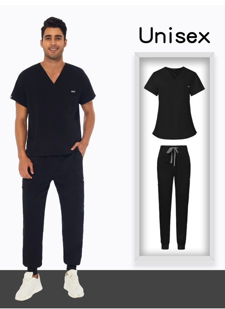 Loquat Unisex Medical Uniform Scrubs 2 Piece Set V-Neck Top and Elastic Waist Jogger Pants Suit Black  - Image 3
