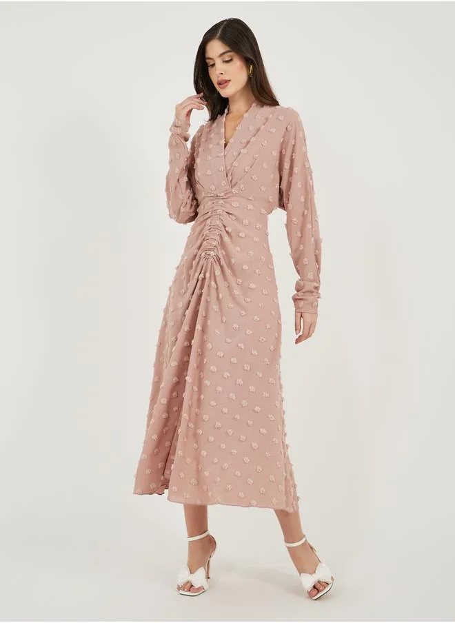 Styli Dobby Long Sleeve A-Line Dress with Ruched