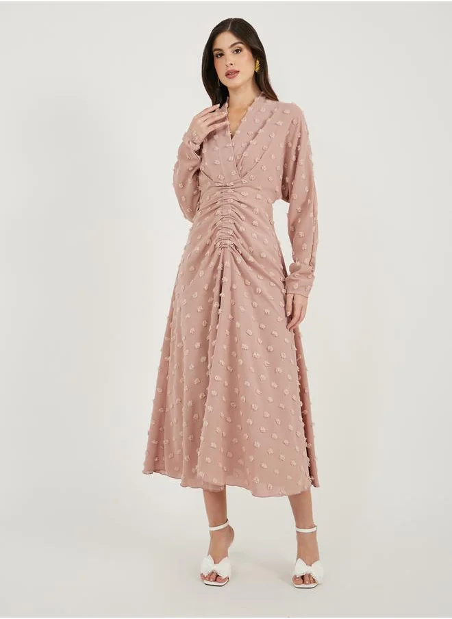 Styli Dobby Long Sleeve A-Line Dress with Ruched