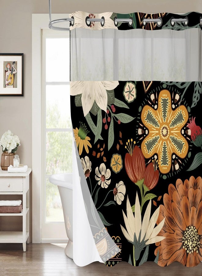 MitoVilla No Hooks Needed Boho Floral Shower Curtain Set with Snap-in Liner, Modern Abstract Heavy Duty Fabric Cloth Shower Curtain for Neutral Luxury Hotel Spa Bathroom Decor, 72 x 74 - Image 1