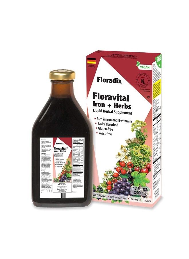 Floradix فلورافيتال مكمل سائل نباتي للحديد والأعشاب لدعم الطاقة، 17 أونصة - Image 1