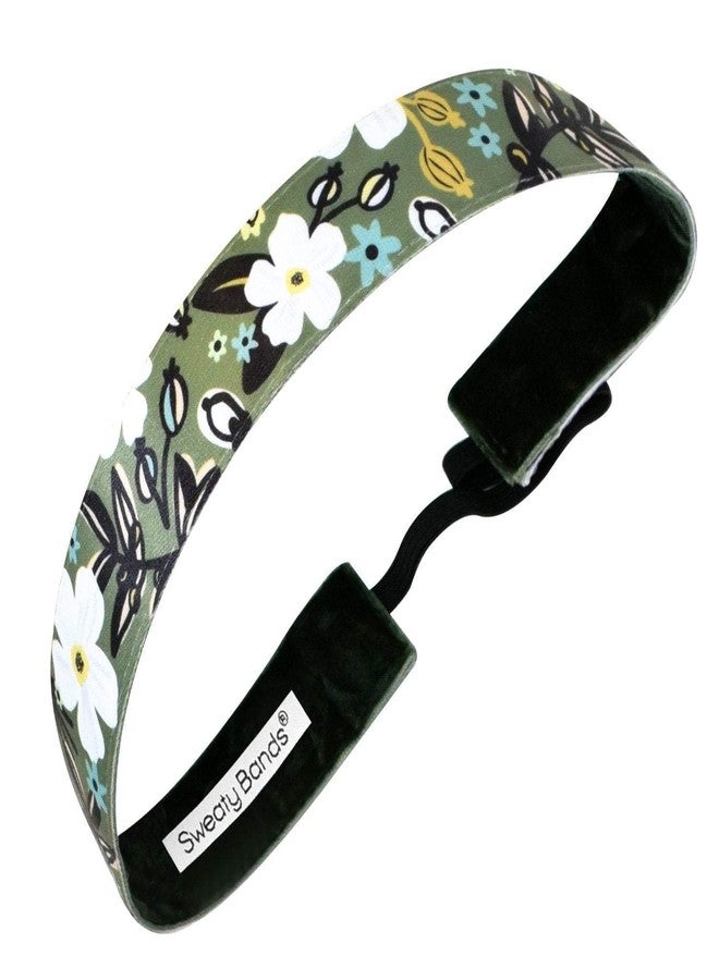 Sweaty Bands Womens Girls Headband - Non-Slip Velvet-Lined Floral Hairband - Bloominous Olive 1-Inch - Image 1