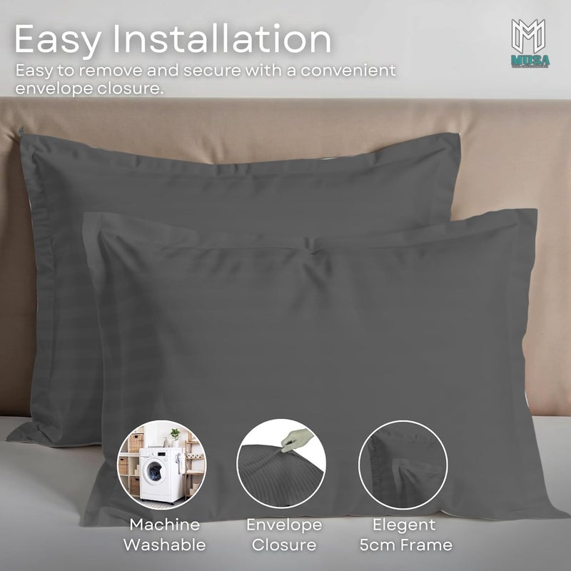 MUSA MUSA® Striped Cotton Pillow Covers – Soft, Breathable & Hotel-Inspired Pillow Covers with Envelope Closure | Elegant 5cm Oxford Frame Design for Bedroom & Home Décor (2, Grey, 50 x 65cm) - Image 5