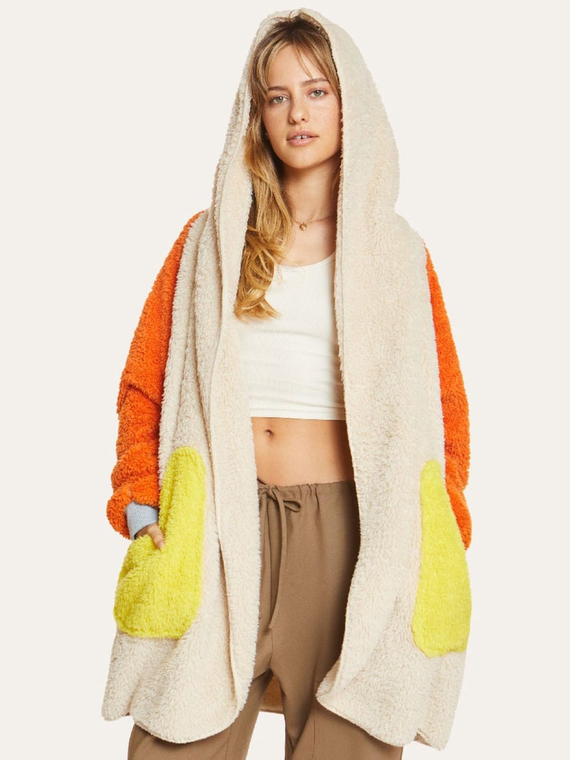 UnHide Shleepy Faux Fur Robe - Lightweight  Extra Soft  & Warm Wearable Blanket - Machine Washable - Large Patchwork Orange - Image 2
