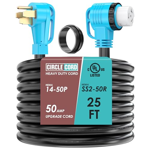 CircleCord UL Listed 50 Amp 25 Feet RV/Generator Cord with 90° Right Angle Locking Connector, Heavy Duty 6/3+8/1 Gauge STW Wire, 14-50P to SS2-50R for RV Camper Trailer and Generator to House - Image 1