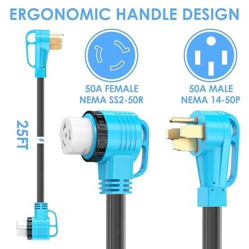 CircleCord UL Listed 50 Amp 25 Feet RV/Generator Cord with 90° Right Angle Locking Connector, Heavy Duty 6/3+8/1 Gauge STW Wire, 14-50P to SS2-50R for RV Camper Trailer and Generator to House - Image 3