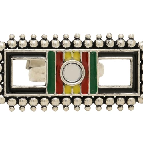 Voylla Women Multi-Coloured Silver-Plated Enamelled Mirror Design Finger Ring - Image 4