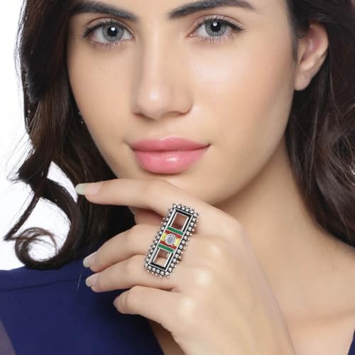 Voylla Women Multi-Coloured Silver-Plated Enamelled Mirror Design Finger Ring - Image 3