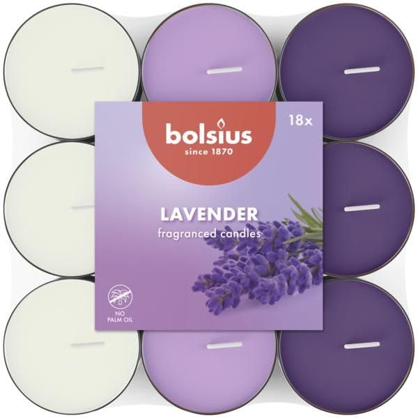 Bolsius  18 Scented tealights  Lavender  Burning time of 35 Hours  Diameter 38 mm  Natural extracts  Contains Vegan Wax  No Palm Oil