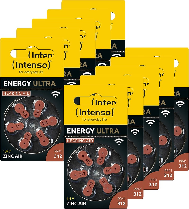 Intenso 60x Energy Ultra Hearing Aid Batteries PR41 Brown Type 312, 10x Blister Pack of 6, Brown (Type 312), 10x Pack of 6, 7504436MP - Image 1