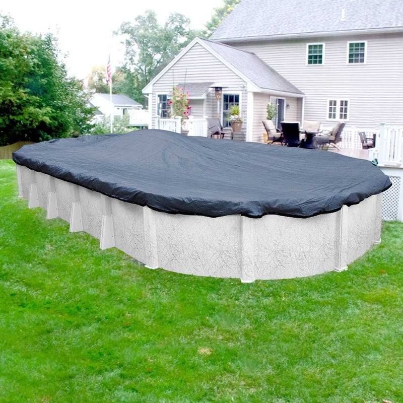 Robelle 18 x 33 ft Extra Heavy Duty XL Mesh Blue/Black Winter Oval Pool Cover for Above Ground Pools, 4 ft Overlap (22 x 37 ft Cover Size), 12 x 12 Scrim, 3.7 oz/yd2, 15-Year Warranty, Style: 421833-4 - Image 1
