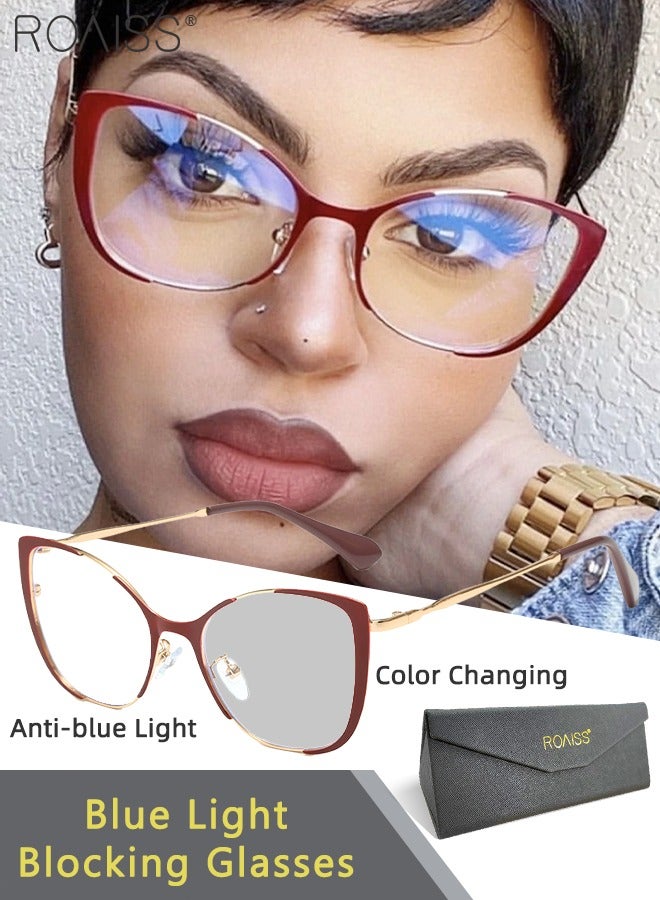 roaiss Women's Blue Light Blocking Glasses Anti UV and Glare Blue Light Filter Computer Glasses Cat Eye Color Changing Anti Eyestrain Headache Eyewear Burgundy and Rose Gold 52mm  - Image 1