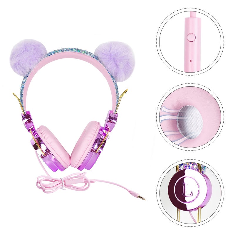 Children Headset Rhinestone Glitter Furry Kids Headphones with Mic - Image 3
