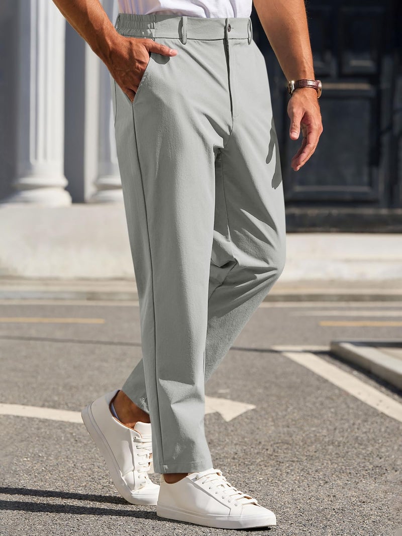 Runcati Mens Stretch Golf Pants Casual Slim Fit Dress Pants Elastic Waist Tapered Work Cropped Trousers Light Grey - Image 2