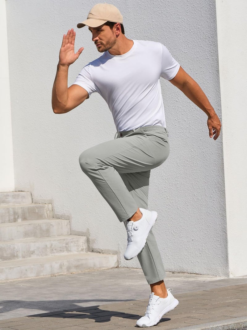 Runcati Mens Stretch Golf Pants Casual Slim Fit Dress Pants Elastic Waist Tapered Work Cropped Trousers Light Grey - Image 4