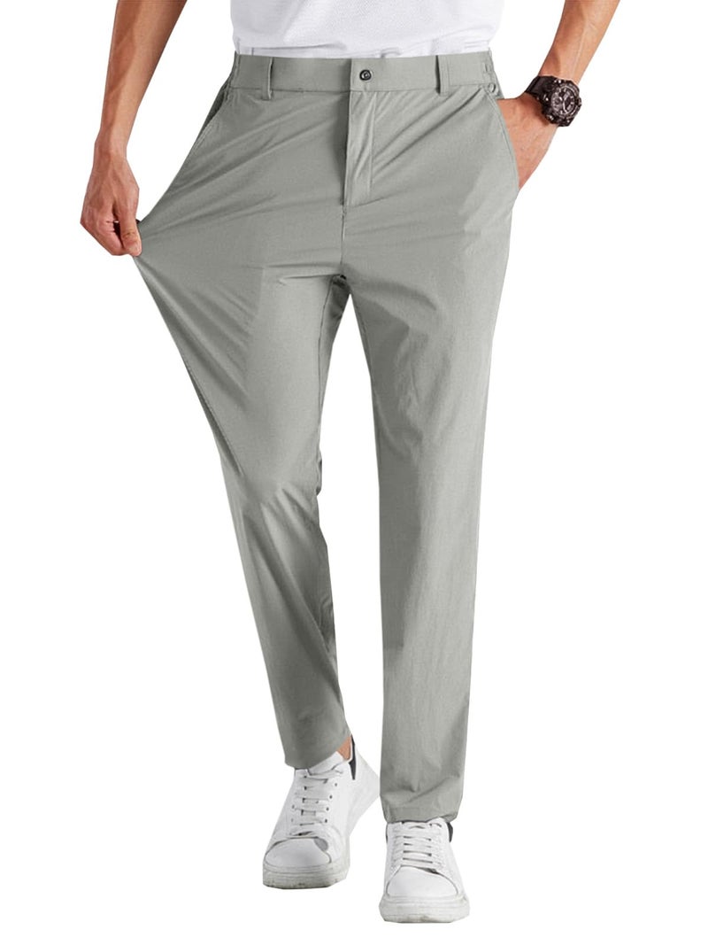 Runcati Mens Stretch Golf Pants Casual Slim Fit Dress Pants Elastic Waist Tapered Work Cropped Trousers Light Grey - Image 1