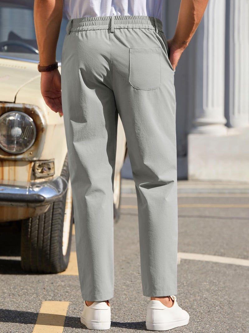 Runcati Mens Stretch Golf Pants Casual Slim Fit Dress Pants Elastic Waist Tapered Work Cropped Trousers Light Grey - Image 3