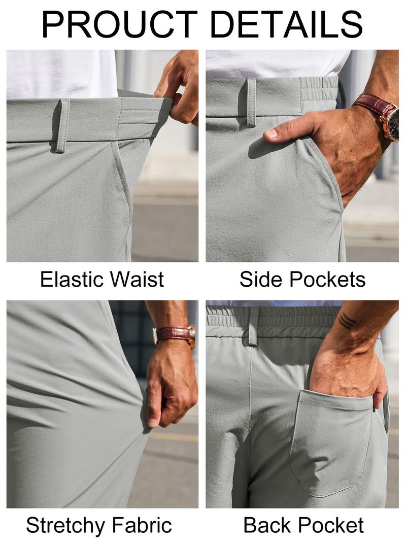 Runcati Mens Stretch Golf Pants Casual Slim Fit Dress Pants Elastic Waist Tapered Work Cropped Trousers Light Grey - Image 5