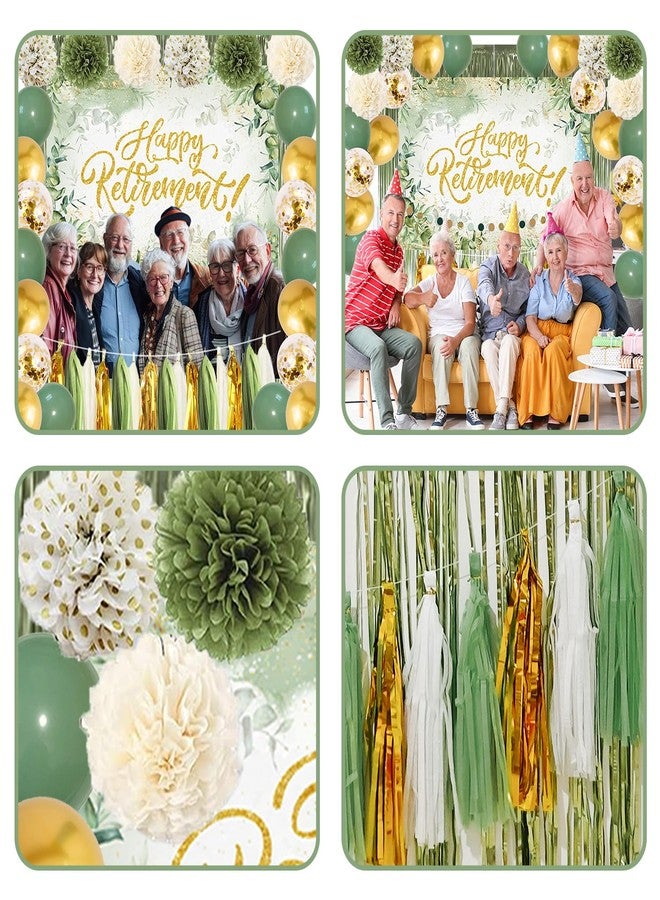 Racenaf Sage Green Retirement Party Decorations - Happy Retirement Banner, Foil Curtains, Backdrop, Tissue Paper Pom Poms, Latex and Confetti Balloons - Image 4