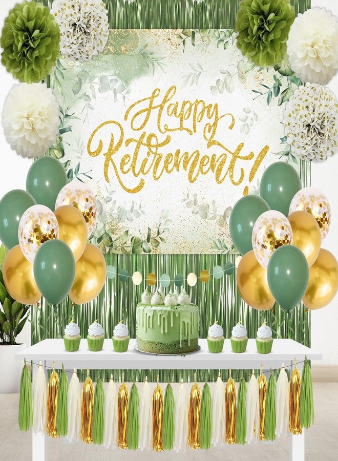 Racenaf Sage Green Retirement Party Decorations - Happy Retirement Banner, Foil Curtains, Backdrop, Tissue Paper Pom Poms, Latex and Confetti Balloons - Image 1